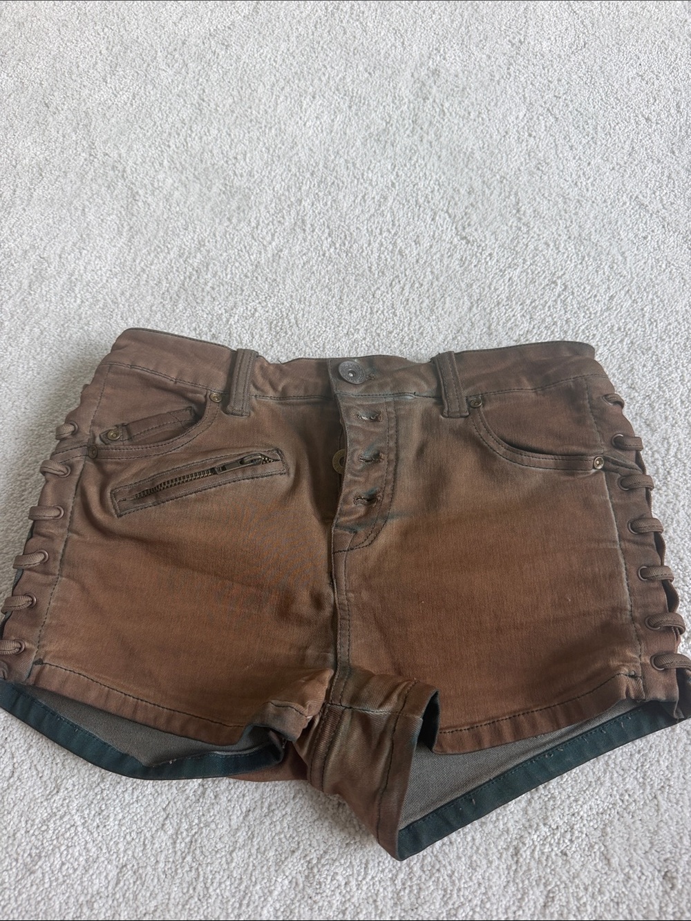 Free People Brown Lace-Up Side-Detail Jean Shorts